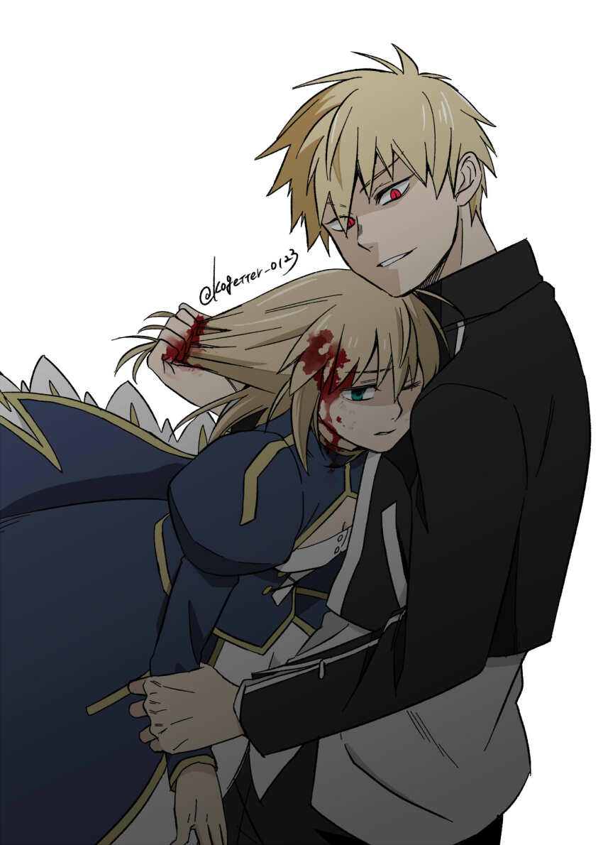1boy 1girl artoria_pendragon_(fate) black_jacket blonde_hair blood blood_in_hair blood_on_face blue_dress blue_eyes breasts cleavage cleavage_cutout clothing_cutout commentary_request dress fate/stay_night fate_(series) gilgamesh_(fate) gilgamesh_(immoral_biker_jacket)_(fate) grabbing_another&#039;s_hair highres holding_another&#039;s_wrist jacket juliet_sleeves long_dress long_sleeves moonlight_0423 one_eye_closed puffy_sleeves red_eyes saber_(fate) small_breasts twitter_username