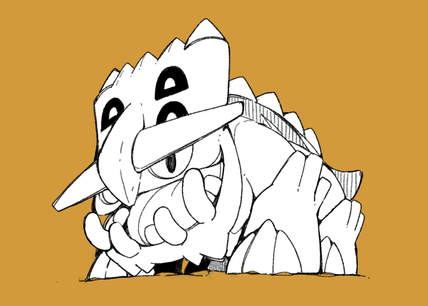 bastiodon brown_background full_body gen_4_pokemon looking_at_viewer massakasama monochrome nintendo no_humans pokemon pokemon_(creature) pokemon_focus simple_background solid_oval_eyes solo tail teeth