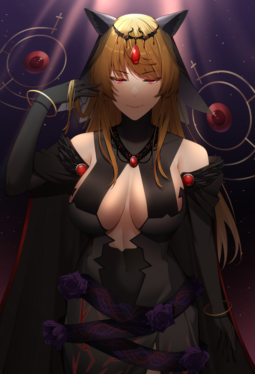 absurdres armpit_crease black_gloves blonde_hair breasts cleavage colored_eyelashes commission dress gem gloves highres isabeau_de_baviere_(madoka_magica) jewelry keenii_(kenny86) large_breasts long_dress long_hair long_sleeves magia_record:_mahou_shoujo_madoka_magica_gaiden mahou_shoujo_madoka_magica mahou_shoujo_tart_magica mask necklace pixiv_commission queen rabbit_mask red_eyes royal_robe smile