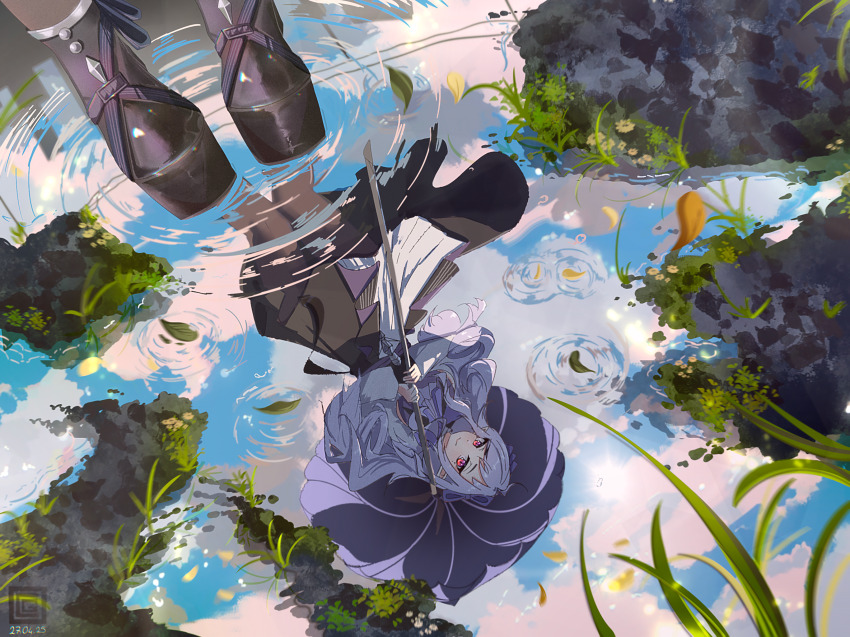 1girl ahoge black_shoes blue_sky breasts cloud commentary english_commentary grass hairband highres holding holding_umbrella leaf long_hair long_sleeves looking_at_viewer mole mole_under_eye onurcan pantyhose pointy_ears purple_hair purple_hairband purple_umbrella red_eyes reflection reflection_focus reflective_water ripples shoes sideboob sky smile solo umbrella vivian_(zenless_zone_zero) zenless_zone_zero