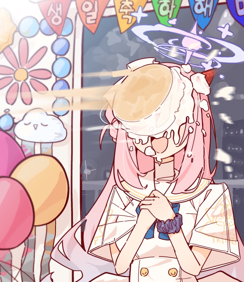 absurdres balloon birthday_cake blue_archive cake food halo hand_on_own_chest happy_birthday highres in_the_face indoors lazy_guineapig long_hair mika_(blue_archive) pie_in_face pink_hair pink_halo school_uniform smile upper_body