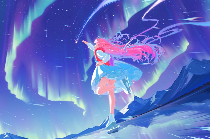 1girl absurdres artist_request aurora back_bow bare_legs bloomers boots bow chinese_commentary commentary_request dress floating_clothes floating_hair full_body highres ice ice_skates ice_skating leg_up long_hair long_sleeves medium_dress mountain night night_sky nikki_(nikki) nikki_(series) outdoors outstretched_arm pink_hair pleated_dress pointy_nose purple_bow purple_ribbon reaching red_scarf reflective_floor ribbon scarf second-party_source skates skating sky solo star_(sky) starry_sky underwear very_long_hair wavy_hair white_bloomers white_boots white_dress wind winter winter_clothes