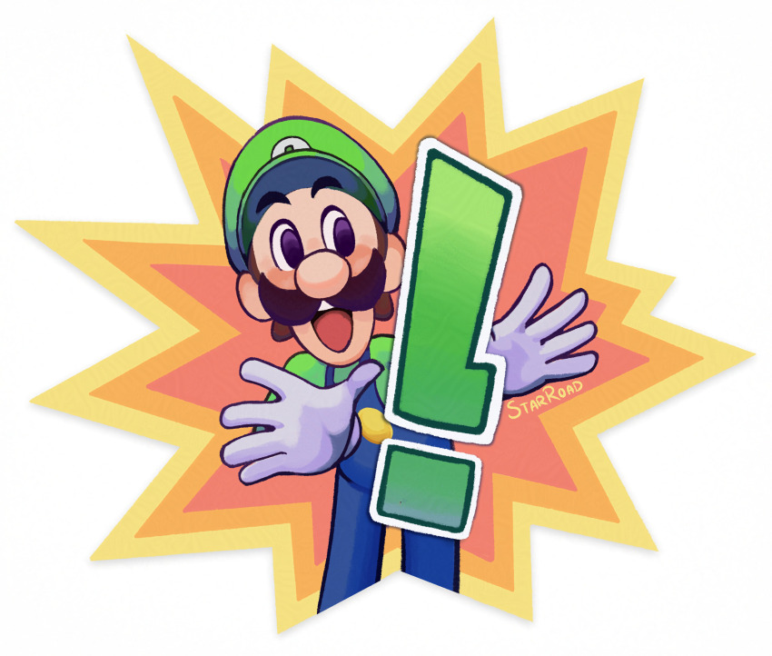 ! 1boy blue_overalls facial_hair gloves highres luigi male_focus mario_&amp;_luigi:_brothership mario_&amp;_luigi_rpg mario_(series) mustache nintendo open_mouth overalls signature simple_background solo starroad white_background white_gloves