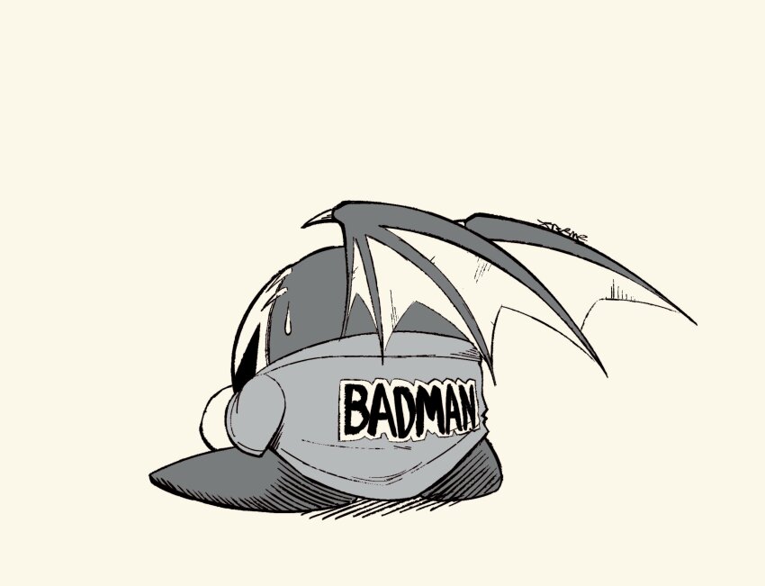 1boy bat_wings clothes_writing collared_shirt cosplay dragon_ball dragonball_z highres kirby_(series) male_focus mask meta_knight nintendo no_humans shirt signature simple_background solo sweat vegeta vegeta_(cosplay) wings xtremexavier