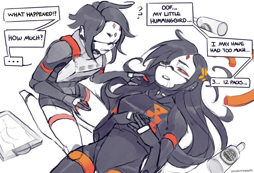 2girls ahoge android armor beer_bottle black_hair broken_halo cerveza_cristal clipboard decayedparasite drooling drunk empty_bottle english_text facial_mark falke_(signalis) halo hand_on_another&#039;s_shoulder hands_on_own_chest height_difference kneeling kolibri_(signalis) laurel_crown long_hair lying mechanical_arms mechanical_halo mechanical_legs multiple_girls on_back on_floor seiza short_hair sierpinski_triangle signalis simple_background sitting size_difference surprised tall_female