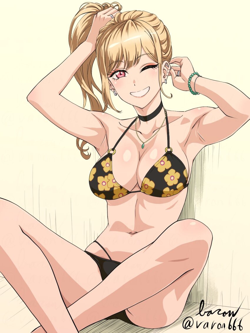 1girl ;d anime_coloring armpits arms_up barbell_piercing baron_(varon666) bead_bracelet beads bikini black_bikini black_choker blonde_hair bracelet breasts choker cleavage collarbone crossed_ankles earrings eyeshadow floral_print grin highres jewelry kitagawa_marin light_blush looking_at_viewer makeup medium_breasts navel necklace one_eye_closed open_mouth piercing pink_eyes ponytail print_bikini ring signature sitting smile solo sono_bisque_doll_wa_koi_wo_suru stomach swimsuit twitter_username tying_hair