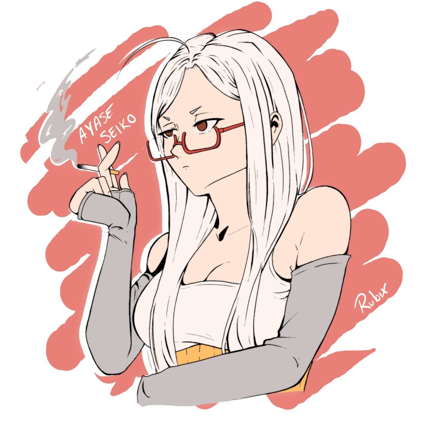 ayase_seiko blank_stare breasts cleavage dandadan glasses grandma highres large_breasts long_hair old old_woman rubixkun_(capnii) smoking tank_top white_hair