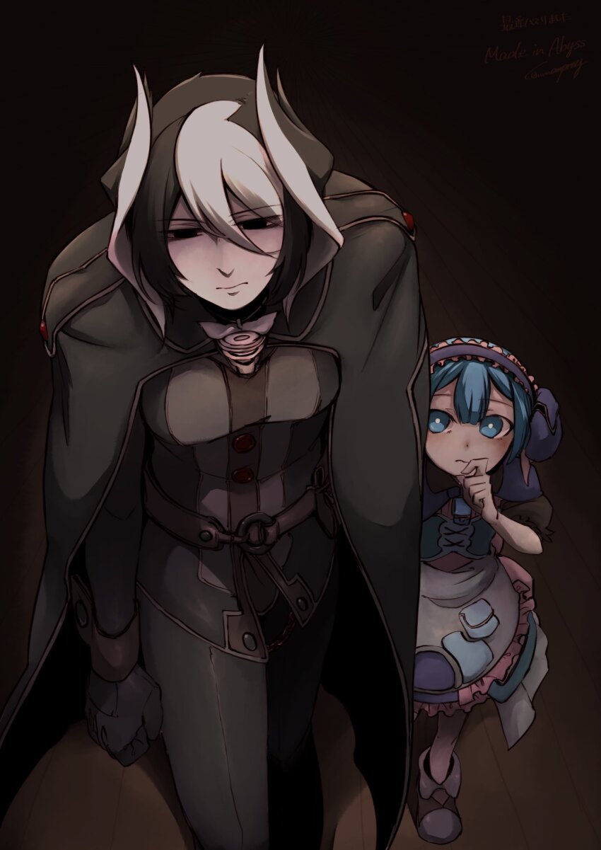 1boy 1girl apron black_cape black_eyes black_gloves black_hair black_jacket black_pants blue_dress blue_eyes blue_hair cape dress from_above gloves hair_horns hairband highres jacket made_in_abyss maruruk multicolored_hair ozen pants purple_hairband short_hair streaked_hair white_apron white_hair yatsumeunagi