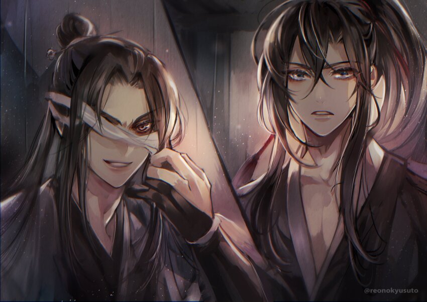 2boys alternate_hairstyle bishounen black_gloves black_hair black_hanfu blindfold blindfold_lift chinese_clothes gloves grey_eyes hair_between_eyes hair_ornament hair_ribbon hanfu high_ponytail highres long_hair looking_at_viewer male_focus modao_zushi multiple_boys parted_lips partially_fingerless_gloves ponytail purple_eyes rakkyhappy red_ribbon ribbon sidelocks smile tassel tassel_hair_ornament topknot twitter_username upper_body watermark wei_wuxian xue_yang