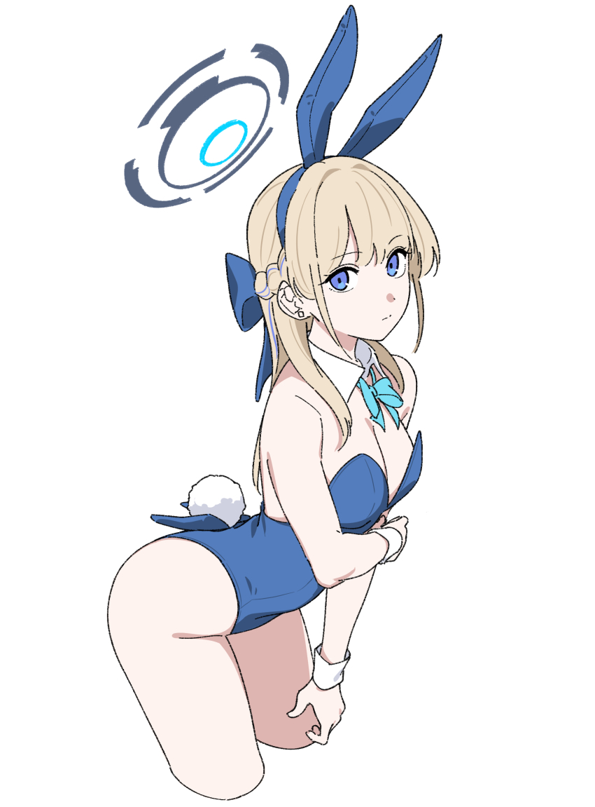 1girl absurdres animal_ears arched_back arm_under_breasts blonde_hair blue_archive blue_eyes blue_halo blue_leotard bow braid breasts detached_collar fake_animal_ears fake_tail halo highleg highleg_leotard highres kashiwa_(iersansi) leaning_forward leotard long_hair looking_at_viewer official_alternate_costume playboy_bunny rabbit_ears rabbit_tail solo strapless strapless_leotard tail toki_(blue_archive) toki_(bunny)_(blue_archive) wrist_cuffs