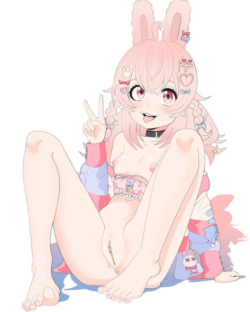 1girl absurdres anus blush bottomless braid breasts choker clothes_pull feet hair_ornament highres looking_at_viewer nail_polish navel nipples phase_connect pink_eyes pink_hair pipkin_pippa porkshack pussy rabbit_ears shirt_pull small_breasts solo spread_legs sweater tongue tongue_out uncensored v virtual_youtuber white_background