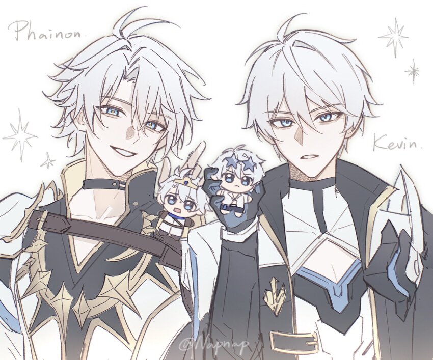 2boys alternate_universe antenna_hair armor artist_name black_choker blue_eyes character_name chest_belt chibi choker cleavage_cutout clothing_cutout coat collarbone collared_coat commentary crossover english_text hair_between_eyes head_tilt high_collar highres honkai:_star_rail honkai_(series) honkai_impact_3rd hoyofair in-franchise_crossover kevin_kaslana long_sleeves looking_at_viewer multiple_boys napppptt official_alternate_costume open_clothes open_coat parted_lips pectoral_cleavage pectorals phainon_(honkai:_star_rail) shade short_hair shoulder_armor smile symbol-only_commentary teeth twitter_username wavy_hair white_background white_hair