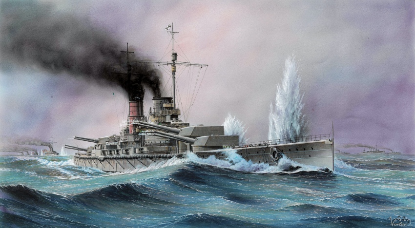 absurdres battlecruiser cannon flag highres imperial_german_navy mast military_vehicle ocean original outdoors ship ship_turret smokestack sms_lutzow vehicle_focus vortex_(xu_xuanwo) warship watercraft waves world_war_i