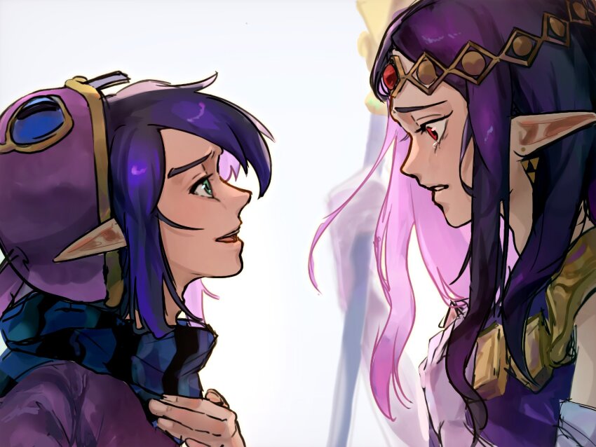 1boy 1girl animal_hood black_hair blue_scarf circlet commentary_request dress eye_contact from_side green_eyes hand_on_own_chest highres holding holding_staff hood hood_up jewelry long_hair looking_at_another mia_ru1228 necklace nintendo pointy_ears princess princess_hilda profile purple_dress purple_hair rabbit_hood ravio red_eyes scarf short_hair sidelocks simple_background smile staff striped_clothes striped_scarf tearing_up the_legend_of_zelda the_legend_of_zelda:_a_link_between_worlds white_background