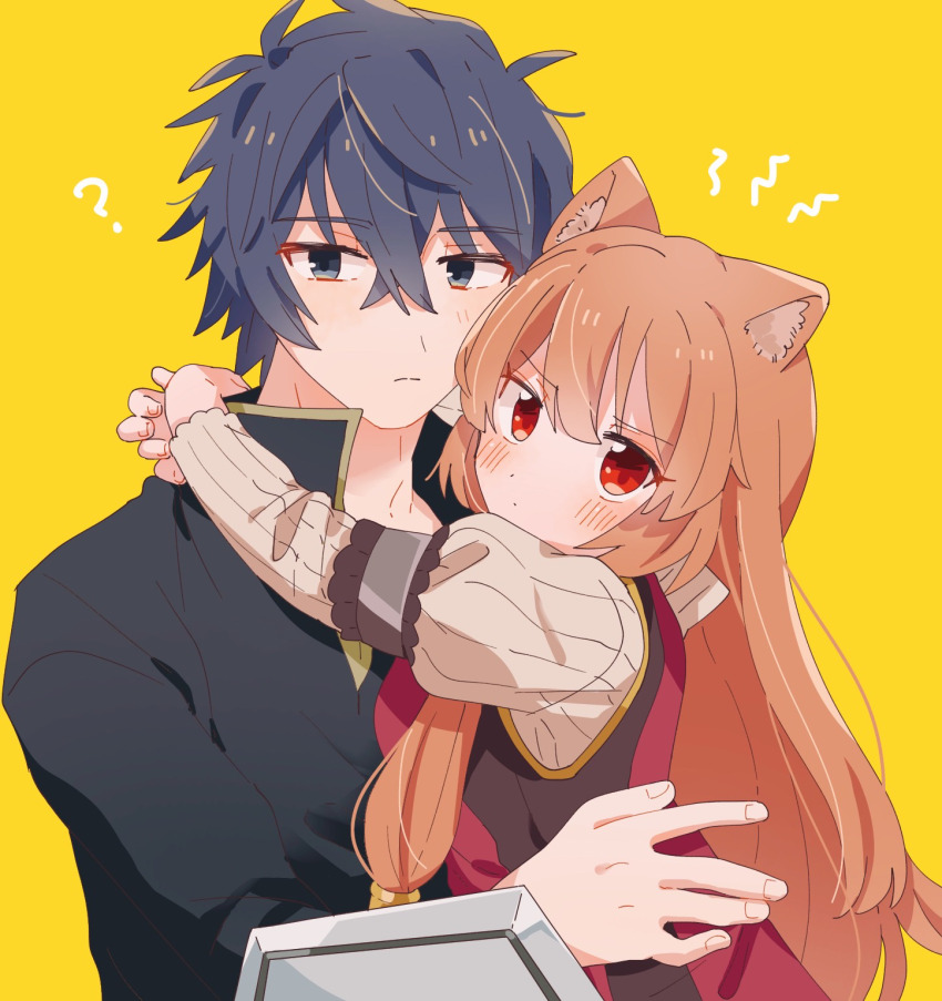 1boy 1girl ? animal_ear_fluff animal_ears annoyed arm_shield artistic_error black_hair black_shirt blush brown_dress brown_hair closed_mouth commentary commission couple dot_mouth dress english_commentary grey_eyes hair_between_eyes hetero high_collar highres hug iwatani_naofumi layered_dress long_hair long_sleeves looking_at_viewer messy_hair onusay_ssk raccoon_ears raccoon_girl raphtalia red_dress red_eyes second-party_source shirt short_hair simple_background skeb_commission sleeveless sleeveless_dress tate_no_yuusha_no_nariagari two-tone_dress upper_body waist_hug white_dress yellow_background