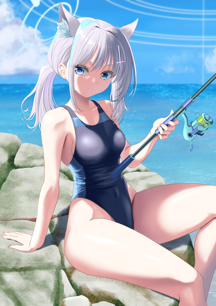 1girl absurdres animal_ear_fluff animal_ears black_one-piece_swimsuit blue_archive blue_eyes blue_sky breasts cloud commentary_request competition_swimsuit covered_navel cowboy_shot cross_hair_ornament day extra_ears fishing_rod grey_hair hair_ornament halo highleg highleg_one-piece_swimsuit highres horizon kagura_hiromu low_ponytail medium_breasts medium_hair mismatched_pupils multicolored_swimsuit ocean one-piece_swimsuit outdoors ponytail rock shiroko_(blue_archive) shiroko_(swimsuit)_(blue_archive) sitting sky solo swimsuit