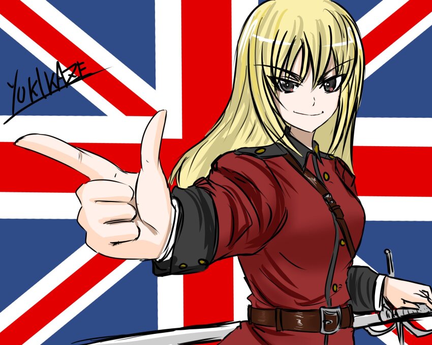belt blonde_hair cavalry_sword commentary_request earl_grey_(girls_und_panzer) girls_und_panzer highres jacket long_hair moesenyukikaze red_jacket scabbard sheath signature st._gloriana&#039;s_military_uniform sword union_jack weapon