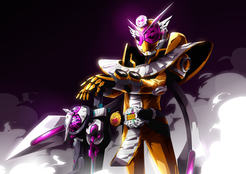 1boy absurdres armor back-to-back black_armor black_boots blue_sky bodysuit boots clock_hands cowboy_shot future gold_trim highres kamen_rider kamen_rider_zi-o kamen_rider_zi-o_(series) kamen_rider_zi-o_ouma kamen_rider_zi-o_the_movie:over_quartzer katakana loincloth official_alternate_costume otokamu ouma_zi-o_rider_watch pink_eyes purple_background rider_watch saikyo_zikan_girade shoulder_armor sky smoke solo sword tokusatsu weapon ziku_driver