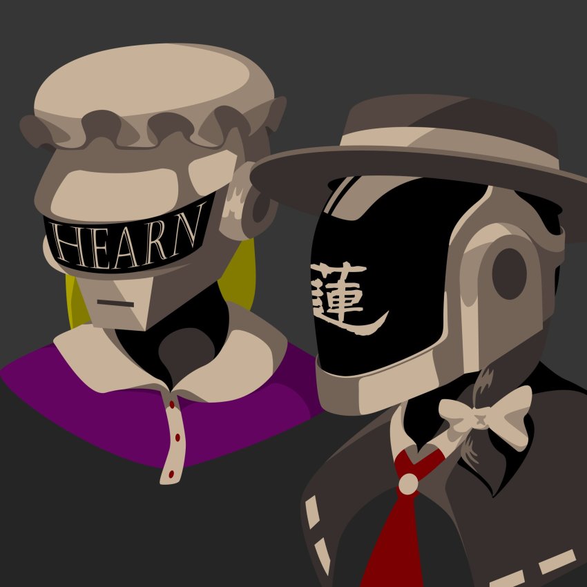 2girls black_background black_hair black_hat blonde_hair buttons capelet collared_dress cosplay daft_punk dress fedora guy-manuel_de_homem-christo_(cosplay) guy_manuel_de_homem-christo hair_ribbon hat helmet highres justin_hsu maribel_hearn mob_cap multiple_girls necktie portrait purple_dress red_neckwear ribbon ribbon-trimmed_capelet ribbon_trim simple_background thomas_bangalter thomas_bangalter_(cosplay) touhou usami_renko white_ribbon