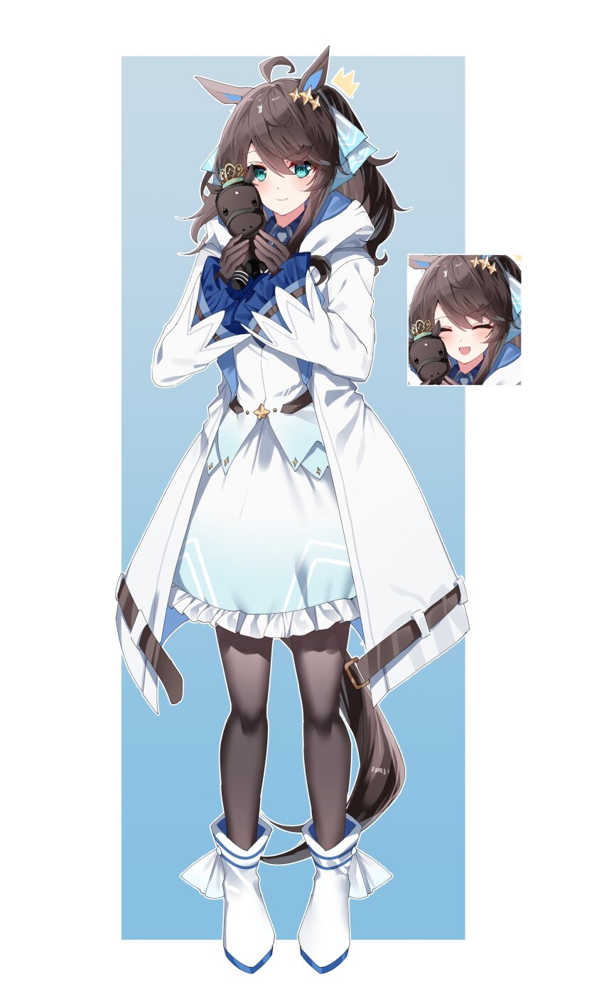 1girl absurdres ahoge animal_ears belt black_hair blue_eyes border breasts commentary_request daring_tact_(umamusume) doll full_body gloves hair_between_eyes hair_ornament highres holding holding_stuffed_toy horse_ears horse_girl looking_at_viewer medium_hair open_mouth pantyhose sb_(akagikeai) simple_background smile solo standing stuffed_animal stuffed_horse stuffed_toy tachi-e translation_request umamusume white_border