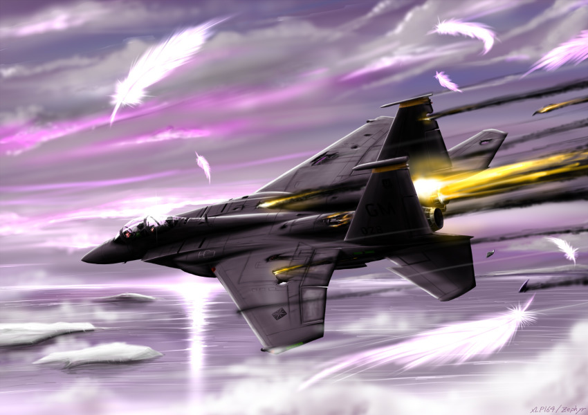 ace_combat ace_combat_6 aircraft airplane commentary crushing damaged dying f-15 f-15_eagle feathers fighter_jet fire flying highres military military_vehicle no_humans pilot spoilers vehicle_focus zephyr164