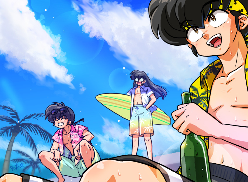 3boys :d beach beer_bottle black_hair black_male_swimwear blue_sky bottle braid braided_ponytail brown_eyes closed_eyes cloud day eyewear_on_head glass_bottle glasses green_male_swimwear green_swim_trunks grin hand_in_pocket hands_on_own_thighs hawaiian_shirt headband hibiki_ryouga holding holding_bottle holding_surfboard long_hair male_swimwear mousse_(ranma_1/2) multicolored_male_swimwear multiple_boys open_mouth outdoors palm_tree palm_tree_print pink_shirt ranma_1/2 saotome_ranma shirt short_hair signature sky smile squatting sunglasses surf surfboard tree wanta_(futoshi) yellow_headband yellow_shirt