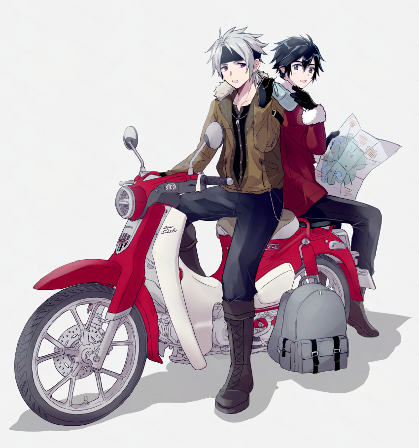 2boys :d backpack bag black_headband black_pants blue_hair boots brown_footwear brown_jacket commentary_request cross-laced_footwear crow_armbrust denim eiyuu_densetsu fur-trimmed_jacket fur_trim grey_bag grey_hair headband highres holding holding_map jacket jeans male_focus map motor_vehicle motorcycle multiple_boys open_mouth pants pearscoke purple_eyes rean_schwarzer red_eyes red_jacket sen_no_kiseki sen_no_kiseki_(series) sen_no_kiseki_ii short_hair simple_background sitting smile unworn_backpack unworn_bag white_background