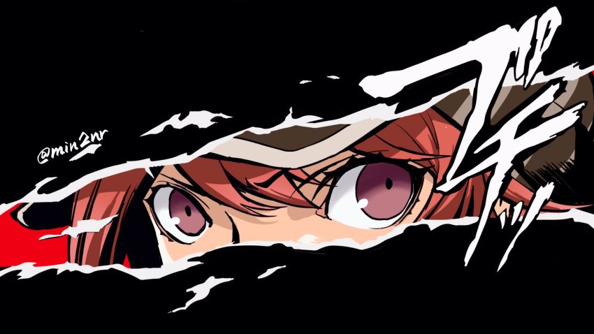 1girl black_background cabbie_hat eme_(204) hat highres misaki_shiki parody persona persona_5 persona_eyes red_eyes red_hair subarashiki_kono_sekai