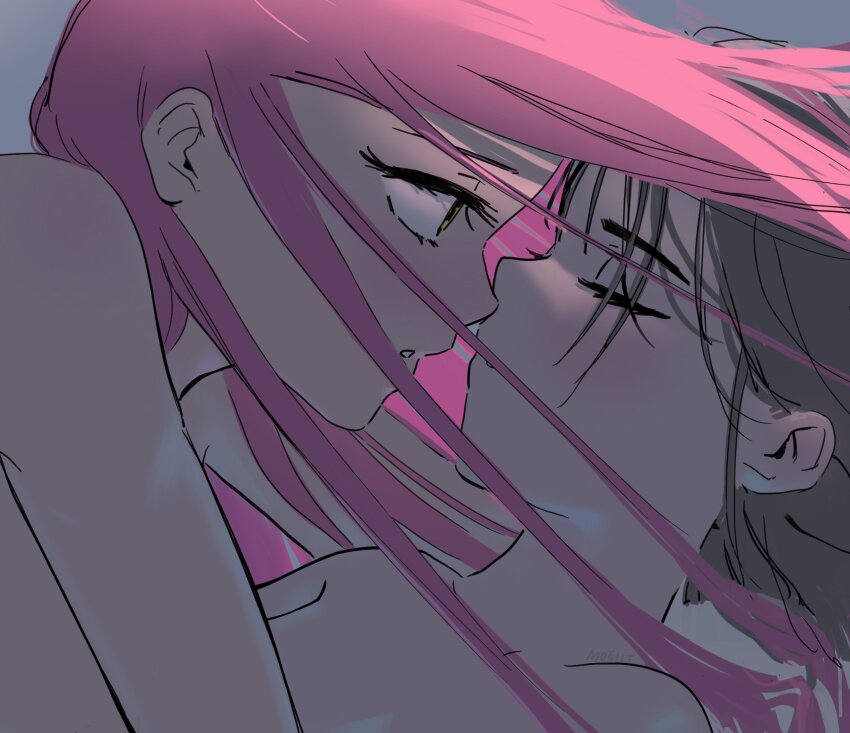 2girls alien_stage black_hair closed_eyes commentary english_commentary face-to-face highres long_hair mizi_(alien_stage) motii multiple_girls nude parted_lips pink_hair short_hair sua_(alien_stage) yellow_eyes yuri