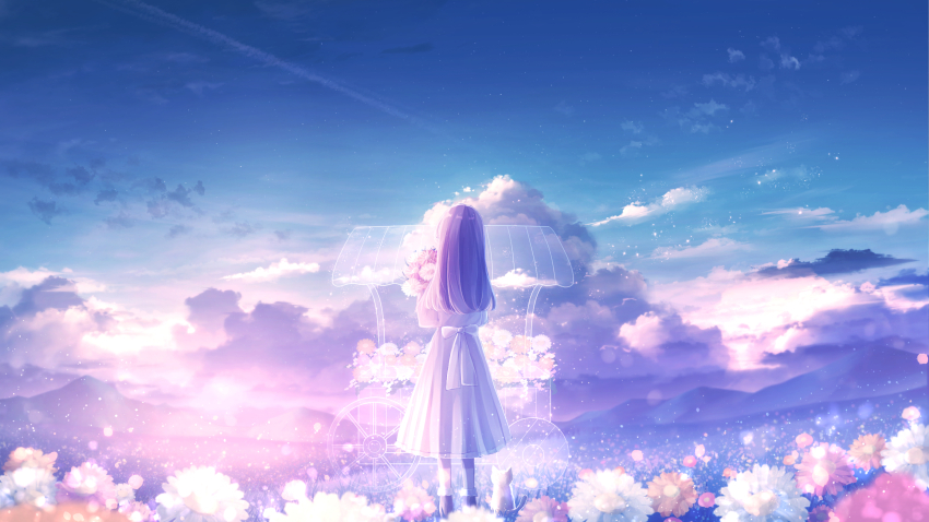 1girl absurdres amenomori_howa backlighting blurry bow cart cat cloud cloudy_sky contrail depth_of_field dress dress_bow flower from_behind highres hill holding holding_flower light light_particles long_hair original petals scenery sky solo sunlight white_dress