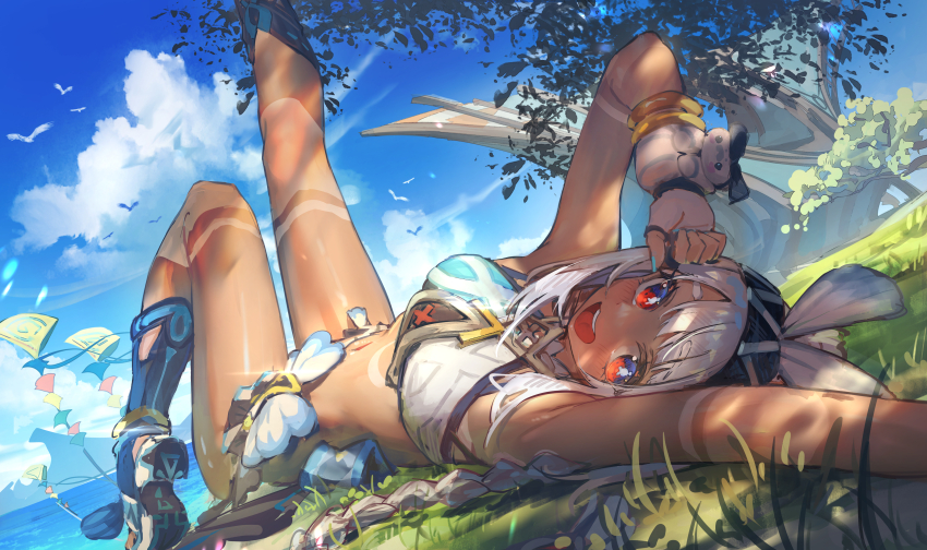 1girl absurdres black_hairband blue_footwear blue_nails blue_sky body_markings bracelet braid cloud commentary_request crop_top fingerless_gloves fish-shaped_pupils foot_out_of_frame genshin_impact gloves hairband highres jewelry leg_up long_hair looking_at_viewer low_twin_braids lying mualani_(genshin_impact) on_back open_mouth outdoors red_eyes simple_bird sky smile solo teeth twin_braids upper_teeth_only water white_gloves white_hair yu_hydra