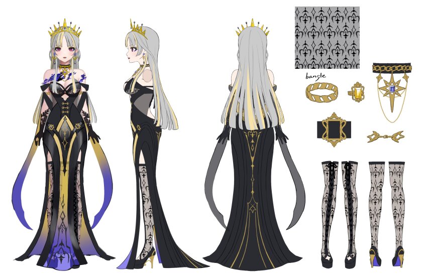 1girl aburage_(motimotigg20) bangle black_choker black_dress black_gloves black_shoes blonde_hair bracelet breasts choker cleavage dress earrings gloves gold_necklace grey_hair high_heels highres indie_virtual_youtuber jewelry long_hair multicolored_hair multiple_views necklace off-shoulder_dress off_shoulder pelvic_curtain purple_eyes ring second-party_source shoes streaked_hair sunny_splosion thighhighs tiara virtual_youtuber white_background