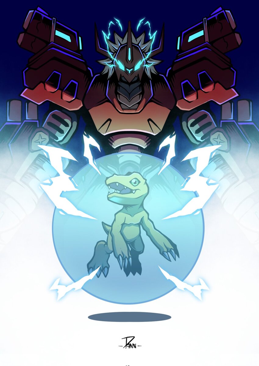 agumon armor artist_name blitzgreymon blue_background cyborg danzart_24 digimon digimon_(creature) dragon electricity evolutionary_line highres lizard red_armor short_hair white_hair