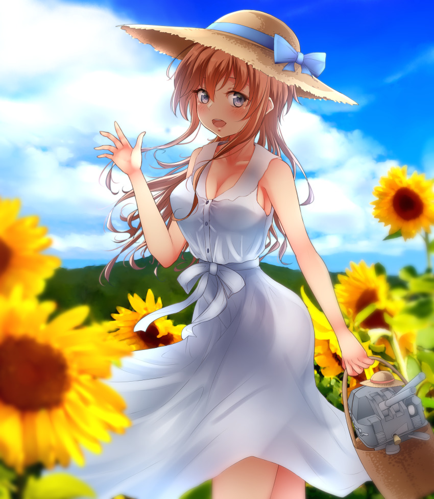 1girl alternate_costume blue_ribbon blue_sky blush breasts chou-10cm-hou-chan chou-10cm-hou-chan_(akizuki&#039;s) chou-10cm-hou-chan_(teruzuki&#039;s) cloud day dress female_focus floral_background gradient_background grey_eyes hair_down hat hat_ribbon highres kantai_collection large_breasts light_brown_hair long_dress long_hair looking_at_viewer nuka_(nvkka) open_mouth ribbon sky smile solo straw_hat teruzuki_(kancolle) white_dress