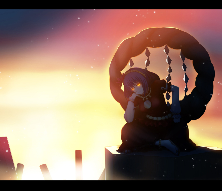 1girl backlighting bad_id bad_pixiv_id bloom blue_hair delant female_focus glowing glowing_eyes hachifuku highres indian_style letterboxed rope shide shimenawa short_hair sitting smirk solo sunset touhou yasaka_kanako yellow_eyes