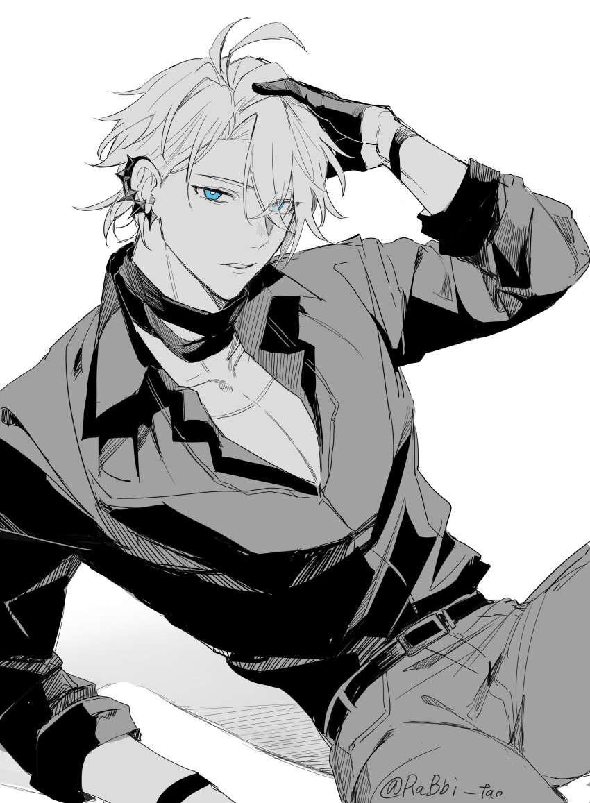 1boy absurdres antenna_hair belt black_belt black_gloves black_shirt blue_eyes collared_shirt commentary gloves greyscale half_gloves hand_on_own_head hand_up highres honkai:_star_rail honkai_(series) looking_at_viewer male_focus monochrome official_alternate_costume pants pectoral_cleavage pectorals phainon_(fashion)_(honkai:_star_rail) phainon_(honkai:_star_rail) rabbi_tao shirt short_hair simple_background sitting sleeves_rolled_up solo spot_color symbol-only_commentary twitter_username white_background white_hair