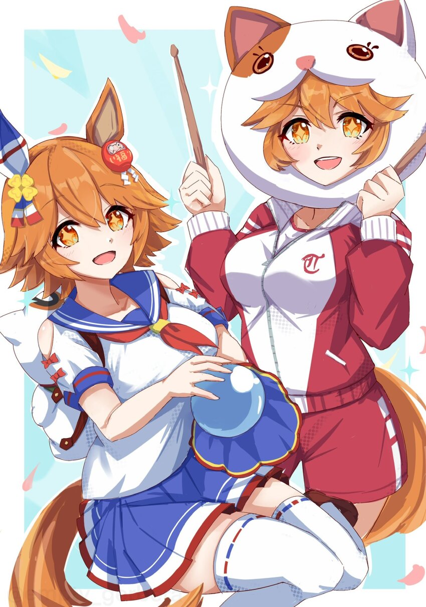 +_+ 2girls animal_ears bare_shoulders blue_sailor_collar blue_skirt breasts clover_hair_ornament collarbone commentary_request daruma_doll drumsticks ear_covers empty_gerbera flipped_hair four-leaf_clover_hair_ornament hair_ornament highres holding holding_drumsticks holding_orb horse_ears horse_girl horse_tail jacket maneki-neko matikanefukukitaru_(make-power_trio)_(umamusume) matikanefukukitaru_(umamusume) medium_breasts multiple_girls neckerchief orange_hair pleated_skirt red_neckerchief red_shorts sailor_collar shirt short_hair shorts single_ear_cover skirt smile tail thighhighs track_jacket umamusume v-shaped_eyebrows white_shirt white_thighhighs yellow_eyes