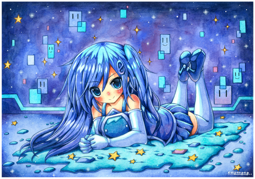 1girl blue_eyes blue_footwear blue_hair blue_theme blush breasts closed_mouth commission elbow_gloves emperpep eyes_visible_through_hair gloves hair_between_eyes hair_ornament internet_explorer internet_explorer_(merryweather) internet_explorer_(webcomic) long_hair looking_at_viewer lying on_stomach one_side_up painting_(medium) personification skirt sleeveless smile solo thighhighs traditional_media watercolor_(medium) white_thighhighs