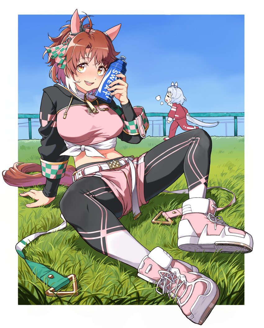 2girls absurdres ahoge animal_ears asdf_4532 black_leggings black_shrug blue_sky blush bottle bottle_to_cheek bow breasts brown_eyes brown_hair checkered_ribbon closed_eyes dantsu_flame_(center_spotlight)_(umamusume) dantsu_flame_(umamusume) ear_covers ear_ornament ear_ribbon exhausted grass grey_hair hair_between_eyes hair_ornament highres hishi_miracle_(umamusume) holding holding_bottle horse_ears horse_girl horse_tail jacket large_breasts leggings leggings_under_shorts long_sleeves looking_at_viewer medium_hair midriff multicolored_hair multiple_girls navel open_mouth outdoors pants pink_shirt pink_shorts pocari_sweat red_jacket red_pants red_track_suit shirt shoes shorts shrug_(clothing) sitting sky smile sneakers solo_focus sweat tail tied_shirt tracen_training_uniform track_jacket track_pants track_suit umamusume water_bottle white_hair white_shirt