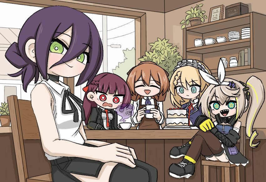 cake centaureissi_(girls&#039;_frontline_2) chopingme coffee coffee_mug cup food g36_(girls&#039;_frontline) girls&#039;_frontline girls&#039;_frontline_2:_exilium looking_at_viewer makiatto_(girls&#039;_frontline_2) mug multiple_girls reze_(chainsaw_man) sharkry_(girls&#039;_frontline_2) springfield_(girls&#039;_frontline) springfield_(girls&#039;_frontline_2) wa2000_(girls&#039;_frontline)