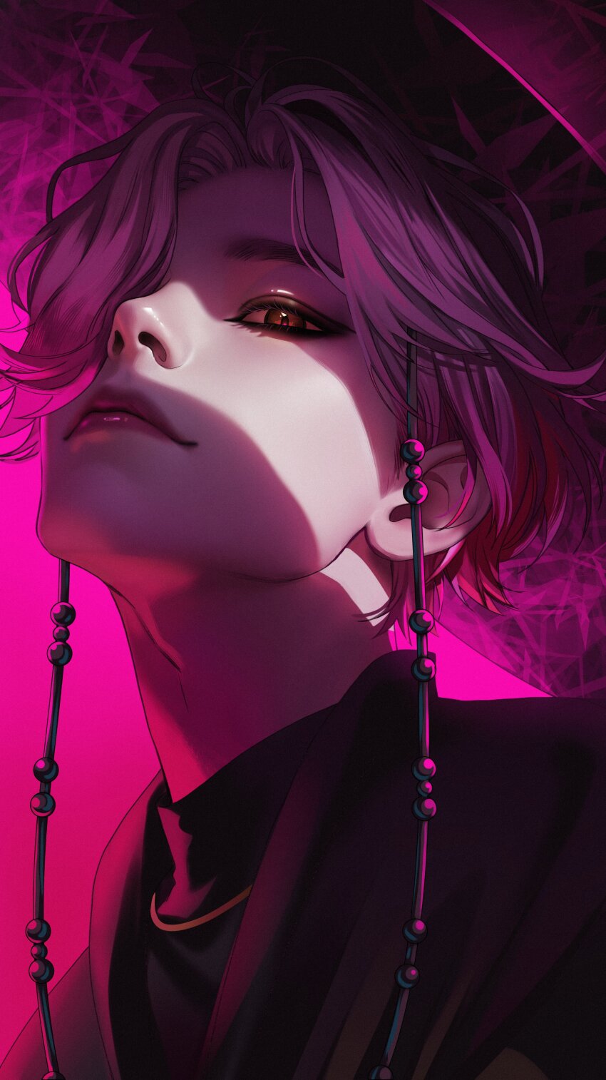 1boy absurdres black_hanbok closed_eyes compression_shirt gat_(hat) gatkkeun hair_over_one_eye hanbok hat highres korean_clothes korean_traditional_hat kpop_demon_hunters light_smile looking_at_viewer male_focus merururuu mystery_(kpop_demon_hunter) parted_bangs parted_lips pink_background pink_eyes pink_hair purple_pupils short_hair solo upper_body