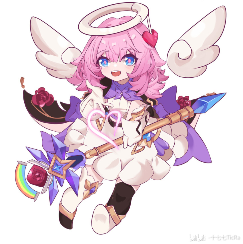 1girl angel_wings asymmetrical_legwear bilibili_username blue_eyes dress elf_elysia gloves halo heart holding holding_staff honkai_(series) honkai_impact_3rd looking_at_viewer medium_hair open_mouth pink_hair simple_background smile staff teeth ticra upper_teeth_only white_background white_dress white_gloves wings