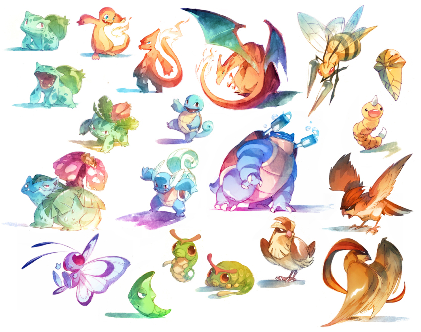 animal_focus beedrill blastoise bulbasaur butterfree caterpie charizard charmander charmeleon fangs fire flame-tipped_tail full_body gen_1_pokemon ivysaur kakuna metapod nicholaskole nintendo no_humans open_mouth pidgeot pidgeotto pidgey pokemon pokemon_(creature) sharp_teeth simple_background squirtle tail teeth venusaur water_drop weedle white_background yawning