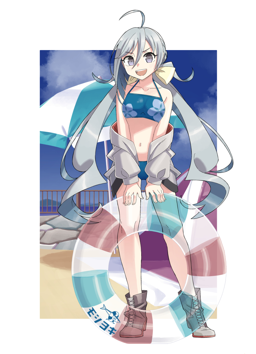 1girl ahoge beach_umbrella bikini blue_bikini blue_sky boots cloud commentary_request floral_print grey_eyes grey_hair grey_jacket hair_between_eyes hair_bun highres innertube jacket kantai_collection kazh_(kazu) kiyoshimo_(kancolle) kiyoshimo_kai_ni_(kancolle) kiyoshimo_kai_ni_(swimsuit)_(kancolle) lace-up_boots long_hair low_twintails navel official_alternate_costume open_mouth railing round_teeth sky smile solo standing swim_ring swimsuit teeth twintails umbrella upper_teeth_only
