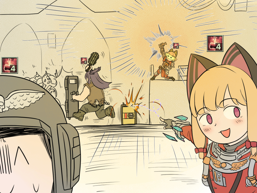 1boy 3girls alternate_size animal_ear_headphones animal_ears aquila_(symbol) arm_up astra_militarum ballistic_shield barrel blonde_hair blue_archive cat_ear_headphones club_(weapon) doodle_sensei_(blue_archive) emphasis_lines fake_animal_ears fingerless_gloves gameplay_mechanics gloves hair_ribbon headphones helmet highres holding holding_club holding_shield holding_weapon meme midori_(blue_archive) momoi_(blue_archive) motion_lines multiple_girls ogryn pants pointing psyker purple_eyes purple_hair ribbon sensei_(blue_archive) shield shirt sidelocks sleeveless sleeveless_shirt spartagordon sweatdrop tress_ribbon trolling two_side_up two_soyjaks_pointing_(meme) warhammer_40k warhammer_40k:_darktide weapon yuuka_(blue_archive)