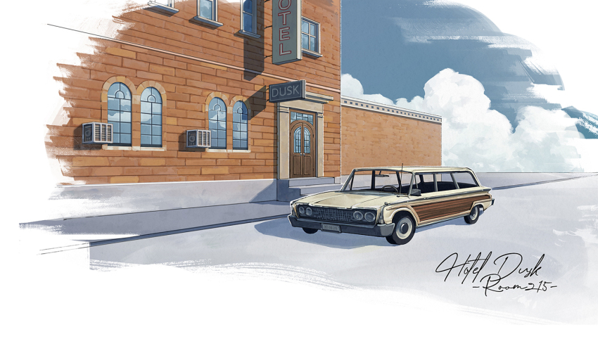 arched_window blue_sky brick_wall brush_stroke building car cing city cloud condenser_unit english_text haruonoff hotel hotel_dusk license_plate motor_vehicle no_humans realistic road scenery sign sky still_life urban vintage_car window