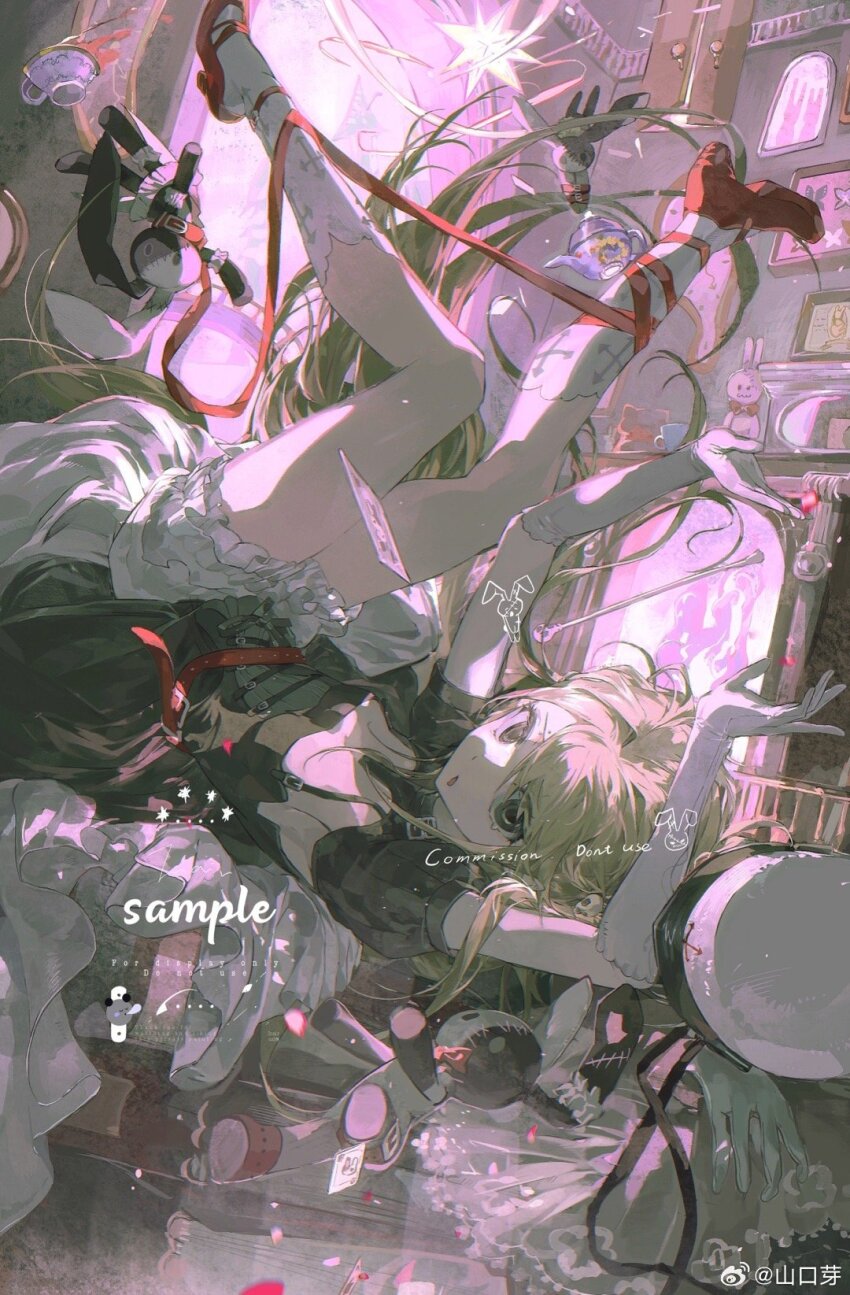 1girl black_dress black_eyes blonde_hair bloomers bottle card cup dress elbow_gloves full_body gloves hat high_heels highres holding indoors long_hair looking_at_viewer lying makeup on_back original picture_frame playing_card puffy_short_sleeves puffy_sleeves red_lips red_ribbon ribbon sample_watermark shankouya shoes short_sleeves socks solo stuffed_animal stuffed_rabbit stuffed_toy table teacup underwear unworn_hat unworn_headwear upside-down very_long_hair watermark weibo_username weibo_watermark white_bloomers white_gloves white_socks