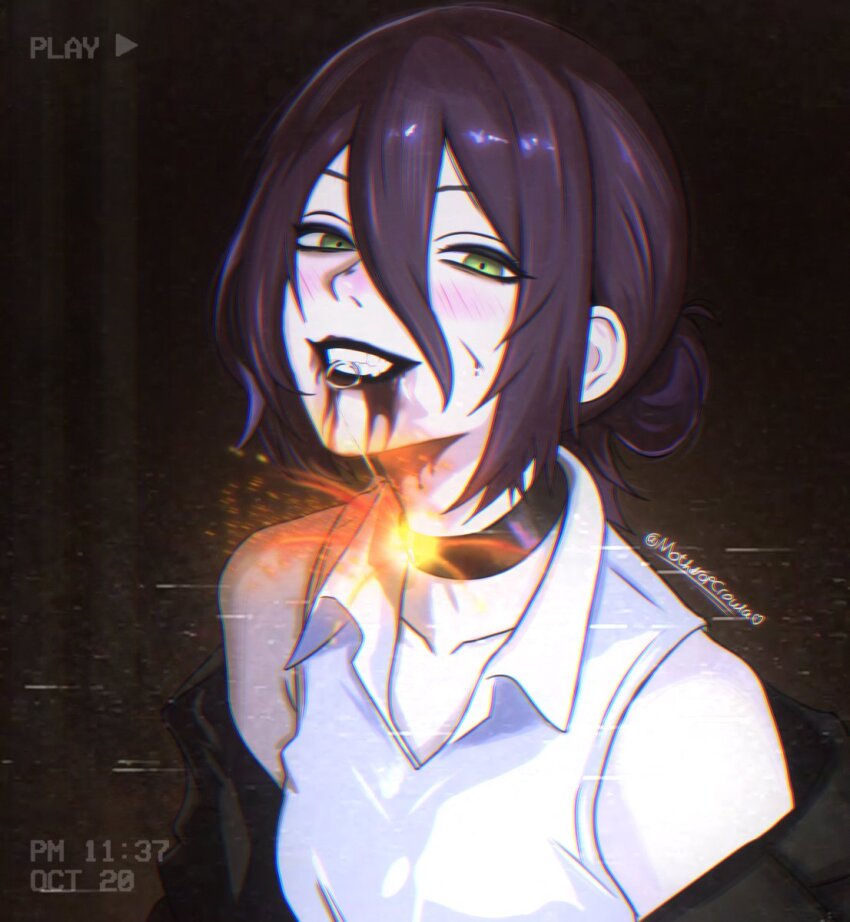 1girl bare_shoulders black_choker black_jacket black_lips blood blood_from_mouth breasts chainsaw_man choker collared_shirt explosion green_eyes grenade_pin hair_between_eyes hair_bun highres jacket jacket_partially_removed looking_at_viewer medium_breasts medium_hair mothdropcrowla parted_lips purple_hair reze_(chainsaw_man) shirt sleeveless sleeveless_shirt smile solo twitter_username updo upper_body white_shirt