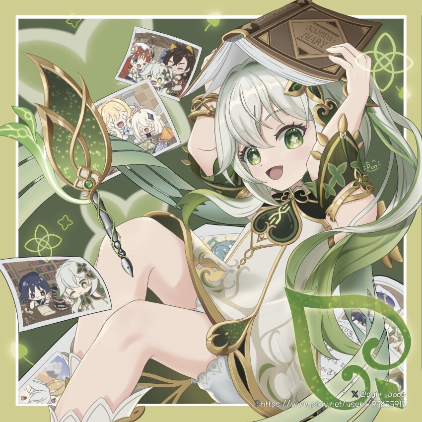 1girl arms_up artist_name book bracelet cape character_name commentary_request dehya_(genshin_impact) detached_sleeves dress feet_out_of_frame genshin_impact gold_trim gradient_hair green_cape green_eyes green_hair green_sleeves hair_between_eyes highres holding holding_book jewelry korean_commentary long_hair looking_at_viewer lumine_(genshin_impact) multicolored_hair nahida_(genshin_impact) nib_pen_(object) nilou_(genshin_impact) open_mouth paimon_(genshin_impact) pen photo_(object) pixiv_id podomascha scaramouche_(genshin_impact) side_ponytail sleeveless sleeveless_dress solo star-shaped_pupils star_(symbol) symbol-shaped_pupils twitter_username very_long_hair wanderer_(genshin_impact) wanderer_(wanderer_impression)_(genshin_impact) white_dress white_hair
