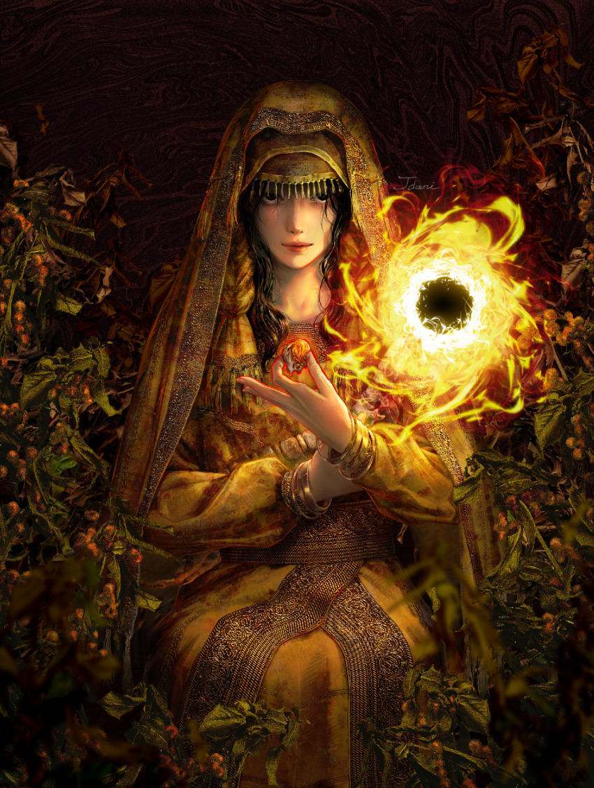 1girl 1other baby black_eyes black_hair bracelet brown_dress carrying carrying_baby carrying_person commentary_request dress elden_ring elden_ring:_shadow_of_the_erdtree eyeball facing_viewer fire flaming_head food fringe_trim fruit highres holding holding_eye holding_torch jdori jewelry korean_commentary lips looking_at_viewer nanaya_(elden_ring) ornate_clothes red_lips sidelocks signature sitting smile spinal_cord torch wavy_hair
